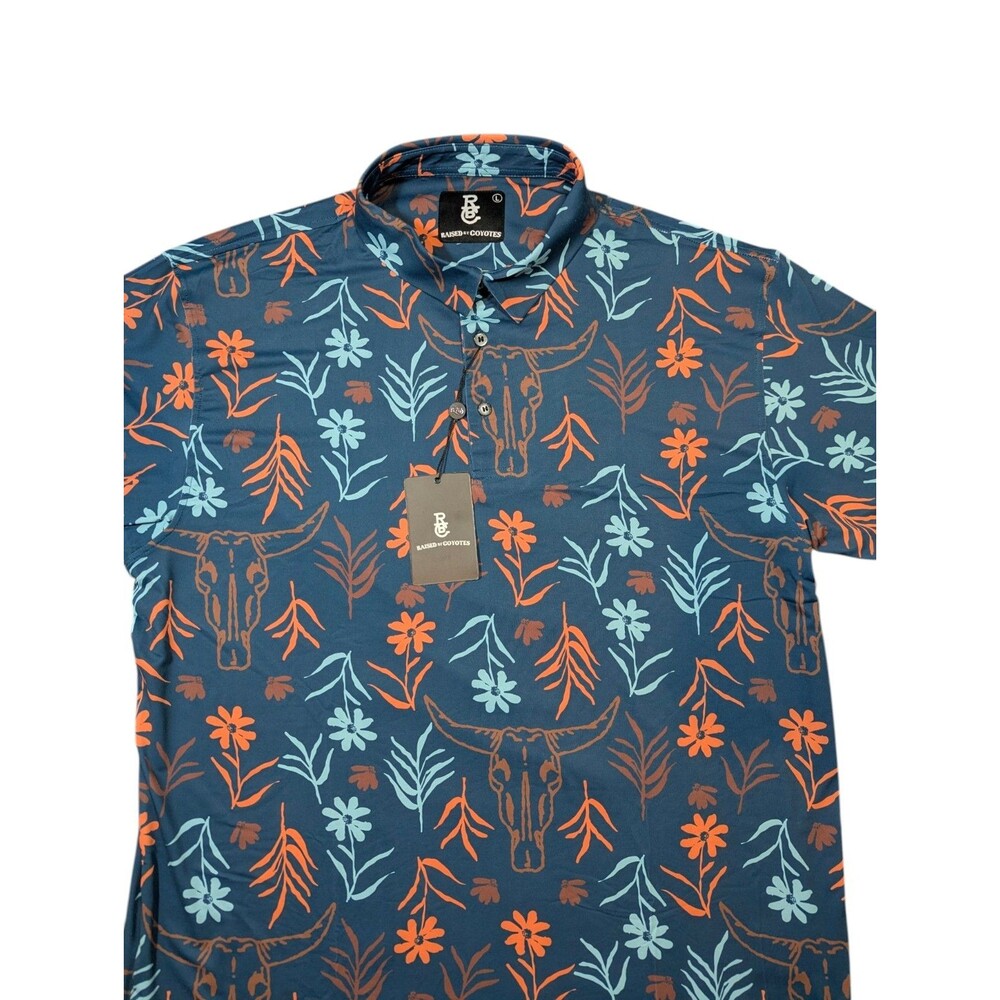 Raised by Coyotes Skulls & Daisies Blue Short Sleeve Polo Shirt Large NEW Golf